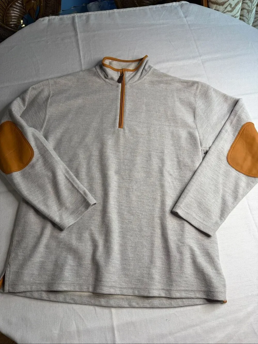 Orvis Grey Quarter Zip Pullover Leather Elbow Patch Sweater Size Large